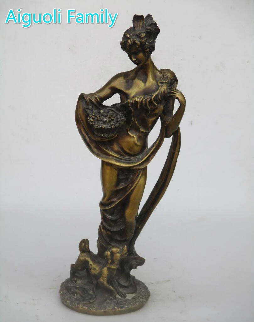 

High: 45CM!!! Home decoration China Old Copper Carved Women With the Dog Sculpture /Art Collection For Home Statue