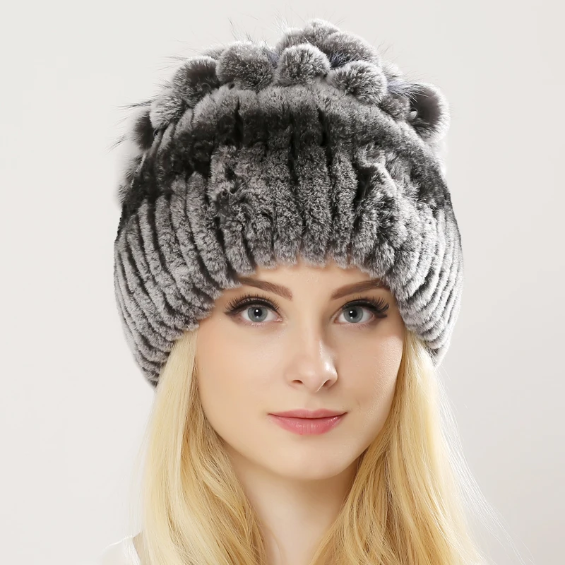 

Real Rex Rabbit Fur Hat for wome With Silver Fox Fur Flowers Top Knitted Beanies Fashion Women Causal Real Fur Warm Cap