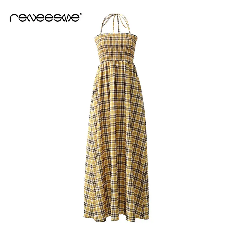 

new 2019 plaid women dress spaghetti strap sleeveless a line long dresses summer yellow fashion party maxi chic ladies vestidos
