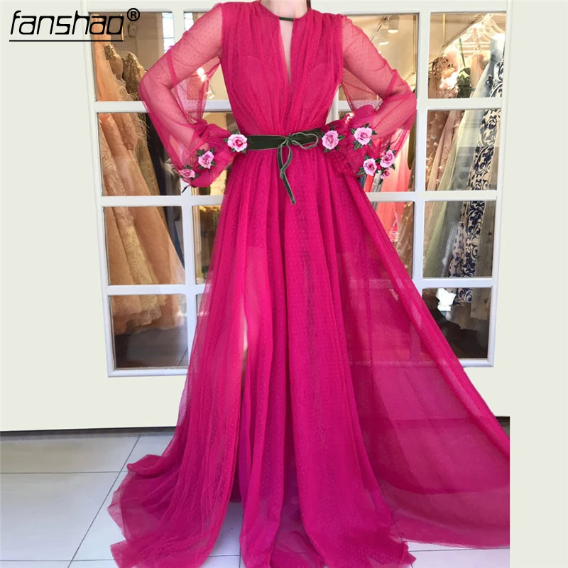 

Fuchsia Muslim Evening Dress 2019 A-line Long Sleeves Tulle Islamic Dubai Saudi Arabic Long Formal Evening Gown Prom Dress