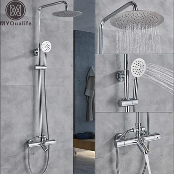 

Thermostatic Shower Mixer Set Dual Handle Chrome Thermostat Mixer Shower Faucet Wall Mounted Stainless Steel Rainfall Shower Hea