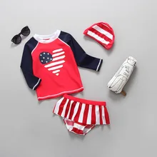 Купальный костюм для девочек, с изображением американского флага раздельный купальник для девочек; юбка; костюм для плавания Демисезонный с длинным рукавом из 3 предметов Южно-корейский Костюм