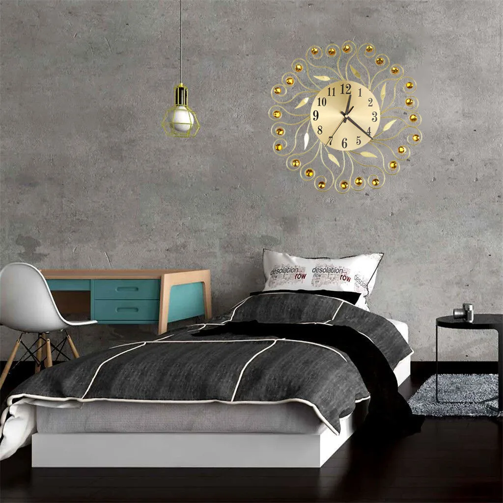 Wall Clock Wrought Iron Diamond Fashion Bedroom Silent Metal Wall Clock Decor watch still life clocks home decoration 19jul11