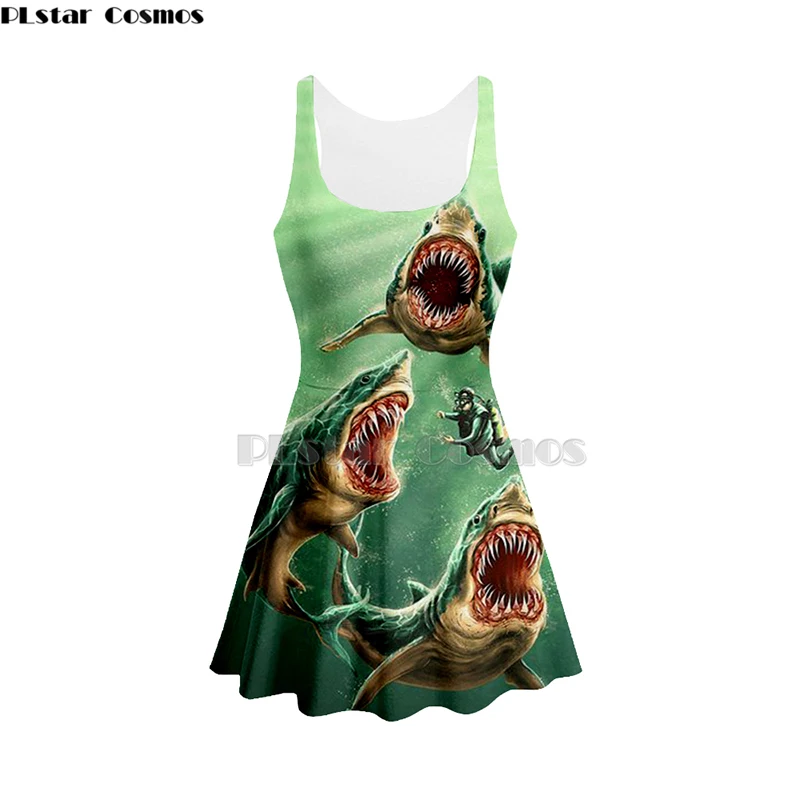

3D Print sea animal The shark flash women Summer women's clothing tank top dress sleeveless dress white shark 3d dress-2