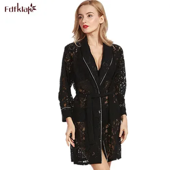 

Summer New 2017 High Quality Sexy Lace Hollow Womens Robes Long Sleeve Bathrobe Plus Size Women's Night Gowns Black/White