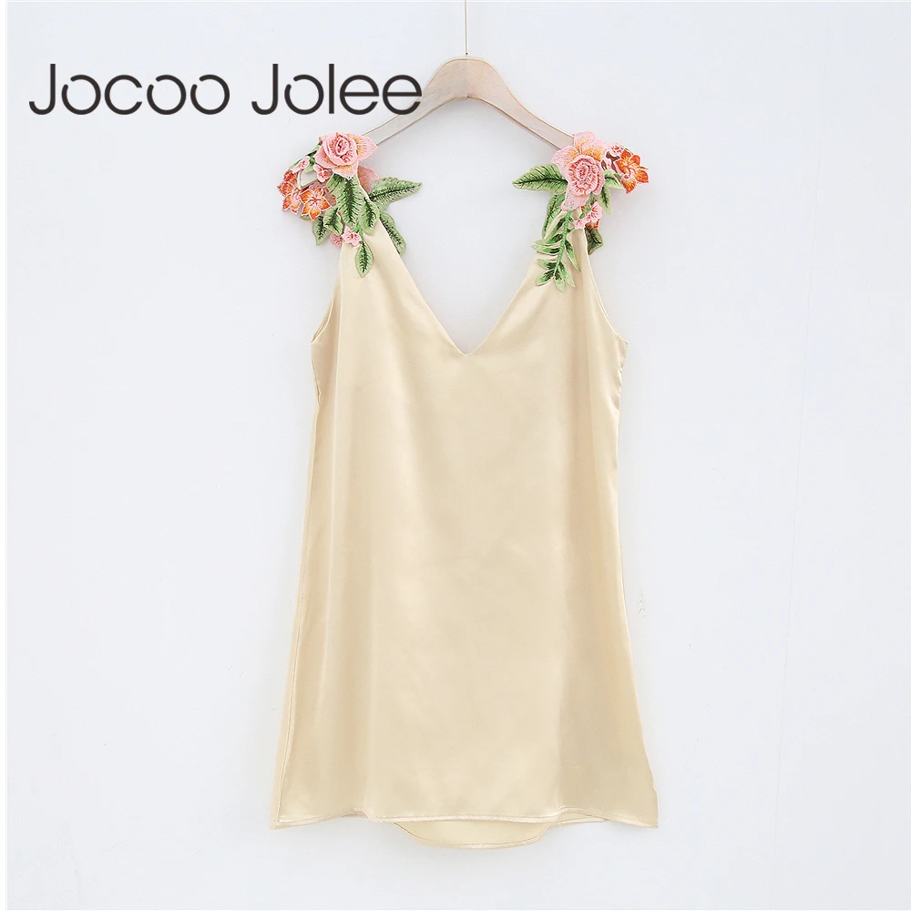

Jocoo Jolee Sexy Deep V-Neck Dress for Women Flower Embroidery Spaghetti Strap Party Dress High Waist Summer Dress 2018 New