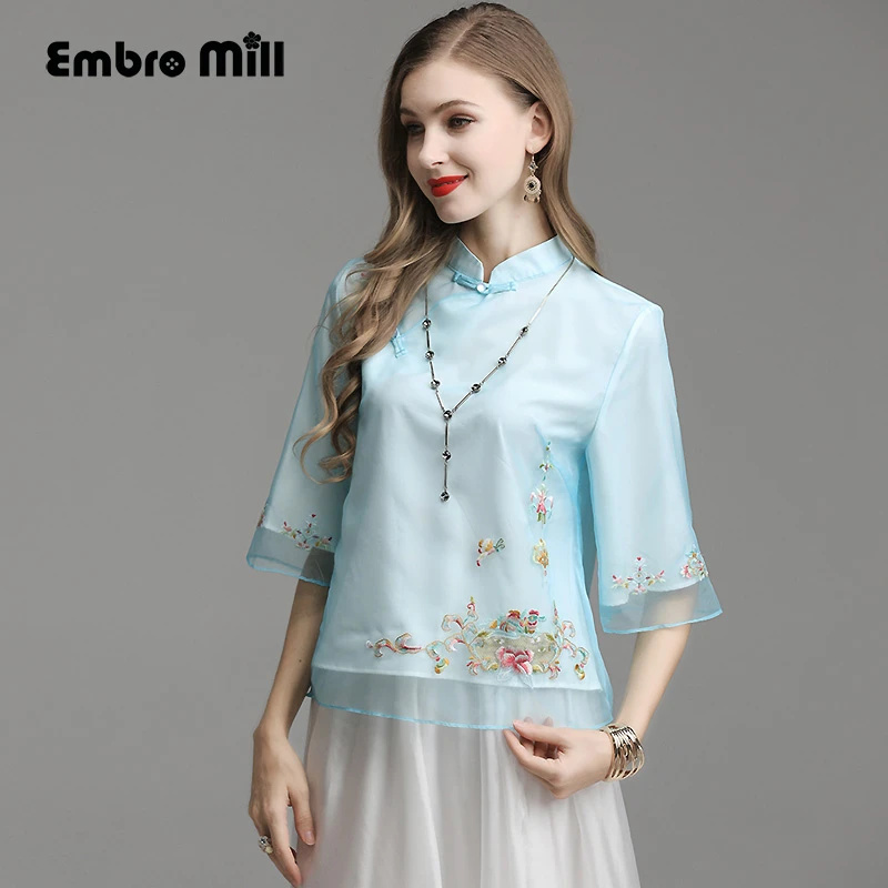 Embro Blusa de Organza bordada para mujer, camisa de estilo chino, cheongsam rosa/azul, top de primavera verano, XXL|Blusas y camisas| - AliExpress