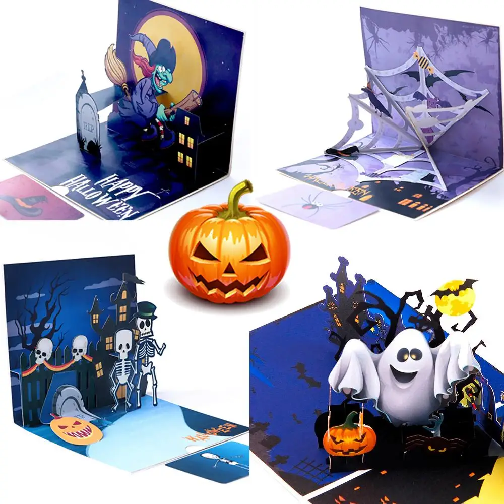 

3D Halloween Day Card Witch Ghost Pumpkin Spider 3D Pop up Party Invitation Laser Cut Postcards Greeting Gifts Cards for Kids