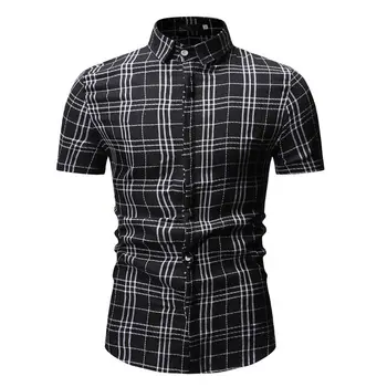 

2019 Summer Plaid Men's Casual Shirt Fashion Black Gray Plaid Short Sleeve Breathable Office Dress Shirts Men Camisa Masculina