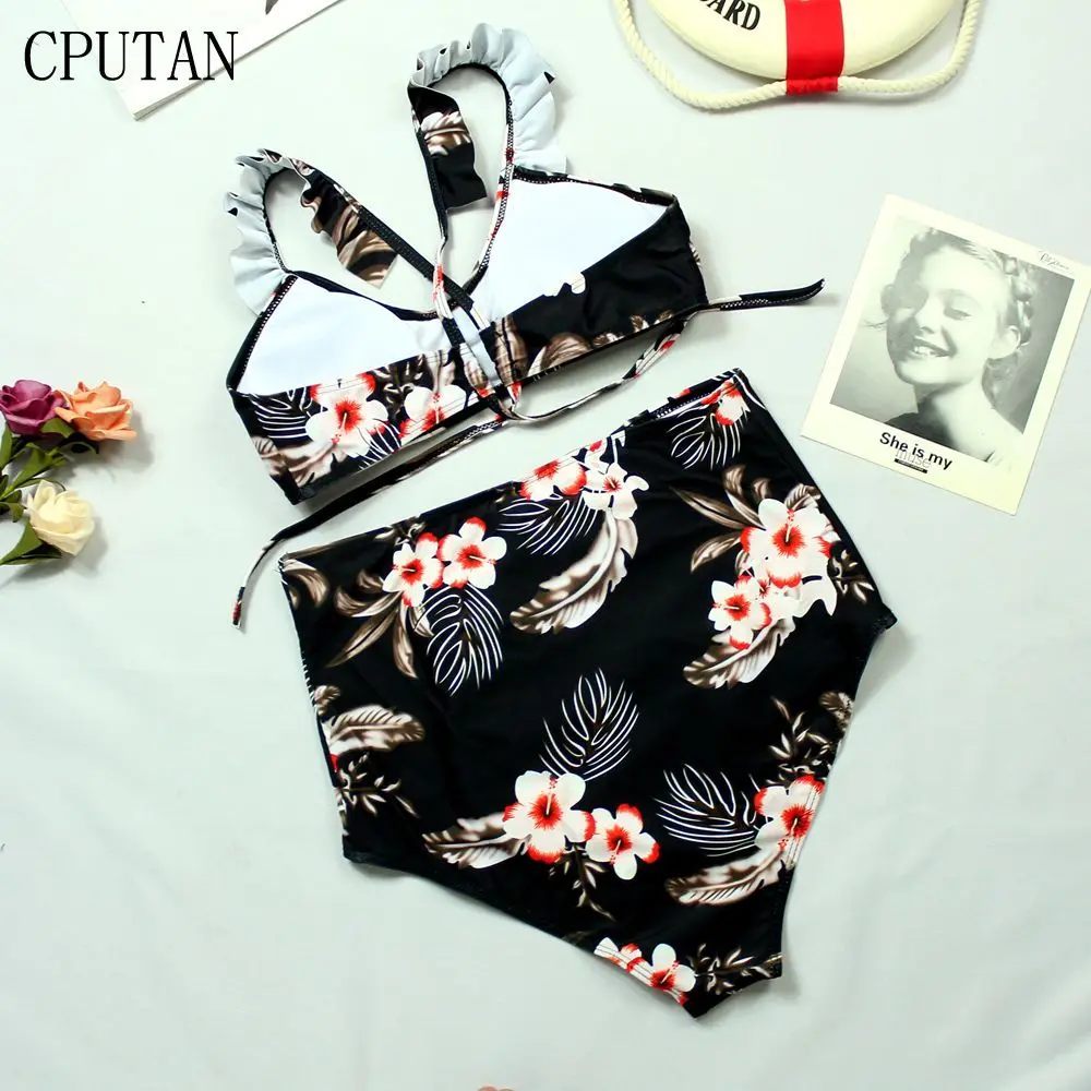 2019 Swimwear High Waist Bikini Women Ruffle Swimsuit Two piece Print Brazilian Sexy Tankini Swimming Suit Push Up Bathing Suit