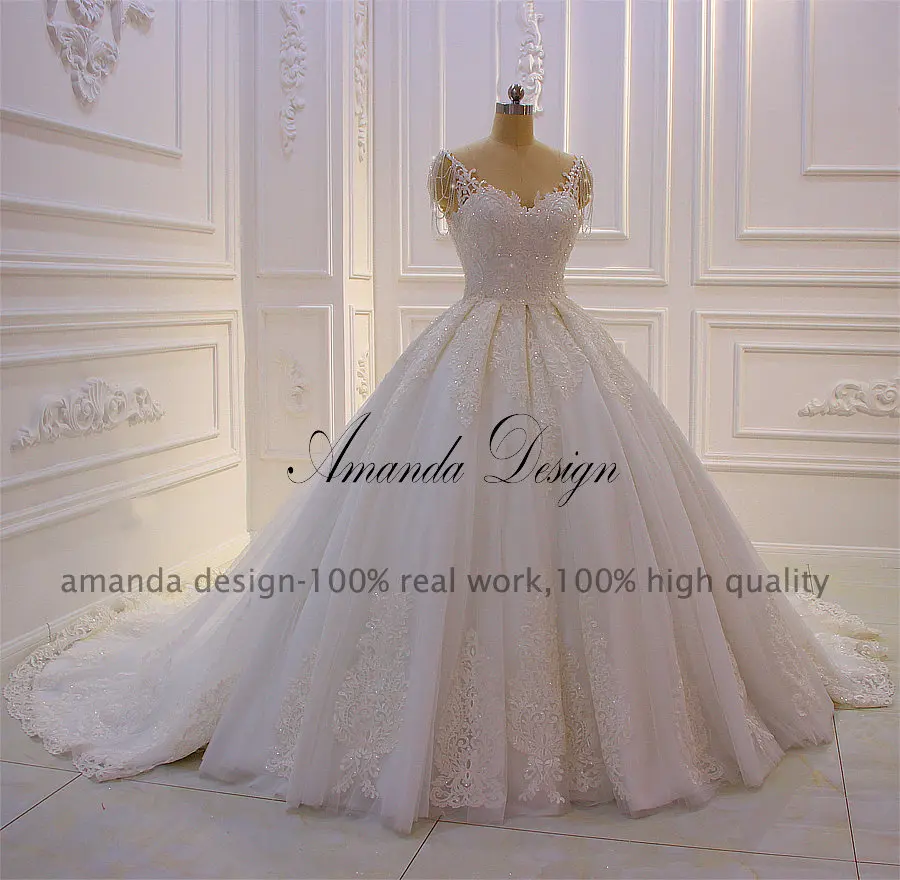 Аманда дизайн hochzeitskleid Кружева Аппликация пушистое бальное платье Кристалл свадебное платье с завязками
