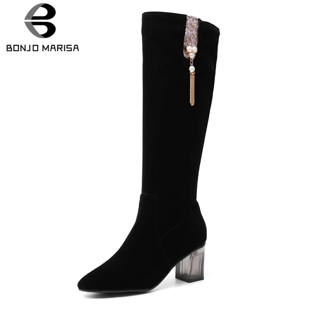 

BONJOMARISA Brand New Fashion 2019 Plus Size 34-48 Chunky Heels Metal Knee High Boots Woman Shoes Chunky Heels Shoes Woman