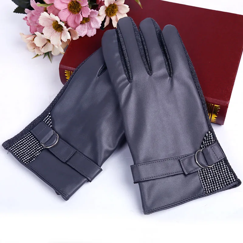 Fashion Men Touch Screen Gloves Men Wrist Solid Black Synthetic Leather
