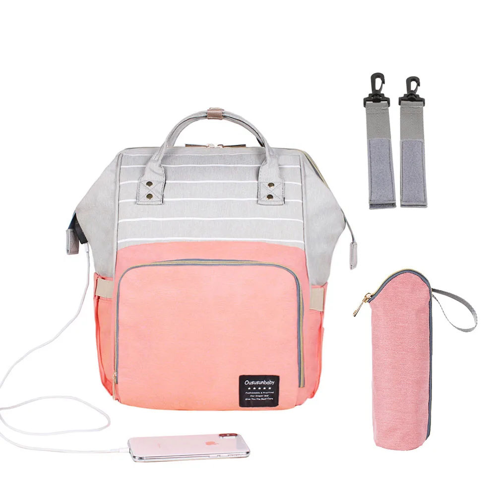 Новые женские модные дорожные сумки для беременных многофункциональные сумочки Nusring рюкзак для беременных рюкзак для ухода за ребенком сумка для подгузников - Цвет: USB Pink Gray 3PCS