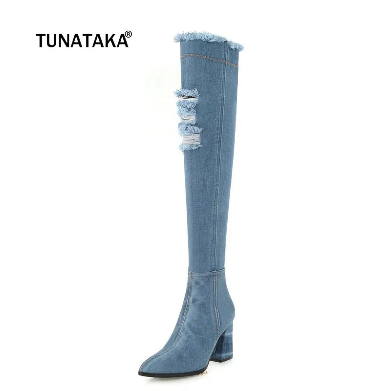 

Women Fashion Hole Denim Thick High Heel Over the Knee Boots Ladies Zipper Pointed Toe Fall Winter Thigh Boots Black Blue