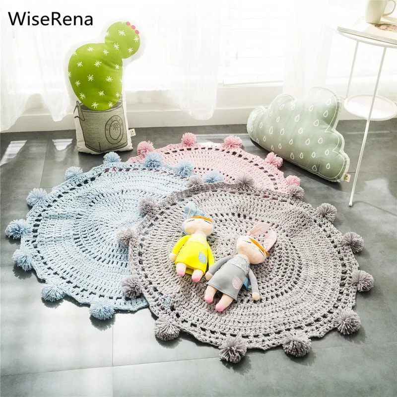 

Ins Northern Europe Hand Hooked Round Carpet Size 80cm with Knitted Ball Mat Children Kids Bedroom Play Rug Home Use alfombra