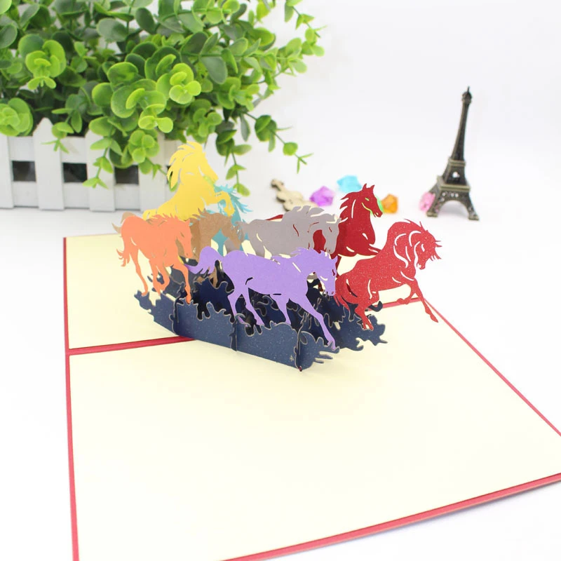  3D Laser Cut Handmade Art of Calligraphy Colorful Galloping Horse Paper Invitation Greeting Cards P - 32891078674
