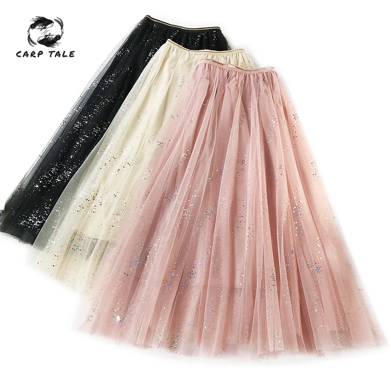 

Colorful sequins romantic sweet mesh skirt casual party Retro super fairy temperament skirt 2019 spring new long skirt female