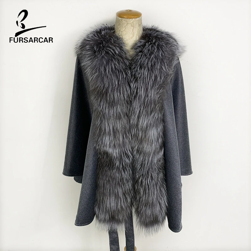 

FURSARCAR 2019 New Fashion Women Gray Woolen Cape With Genuine Big Real Nature Fox Fur Collar Shawl With Belt Wrap For Female