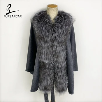 

FURSARCAR 2019 New Fashion Women Gray Woolen Cape With Genuine Big Real Nature Fox Fur Collar Shawl With Belt Wrap For Female