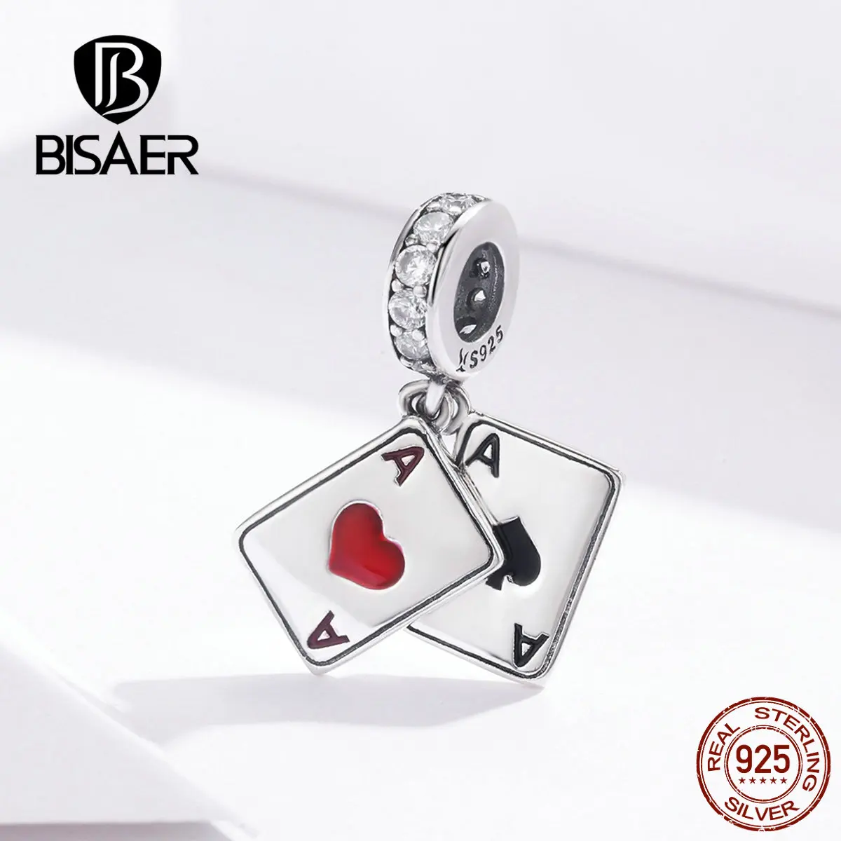 

BISAER 100% 925 Sterling Silver Ace Of Red Heart Poker Pendants Charms Fit Pan Bracelet Necklaces 2019 Hot Sell Jewelry GXC1172