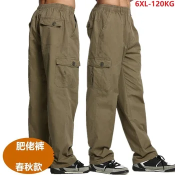 

big 6XL 5XL spring Men cargo cotton pants pocket large size Stretch trousers khaki black 46 safari style Straight pants