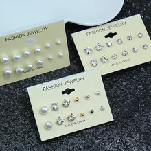 6 пар/уп. трендовые стильные женские квадратные серьги-гвоздики в форме сердца с кристаллами для женщин, серьги в виде цветка из искусственного жемчуга