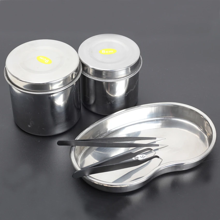 

5Pcs New Sterilization Containers Tattoo Kits 2pcs Stainless Steel Tank Jar Cylinder +1pcs Bending Surgical Tray+2pcs Tweezer