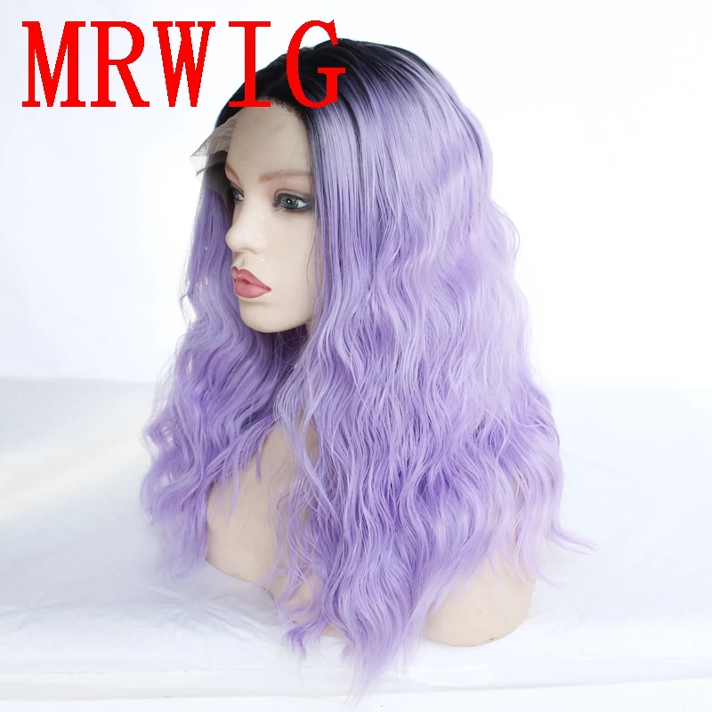 MRWIG Short Dark Roots Short Curly Ombre Purple 16in 320gG Middle Part Synthetic Lace Front Wig for Woman