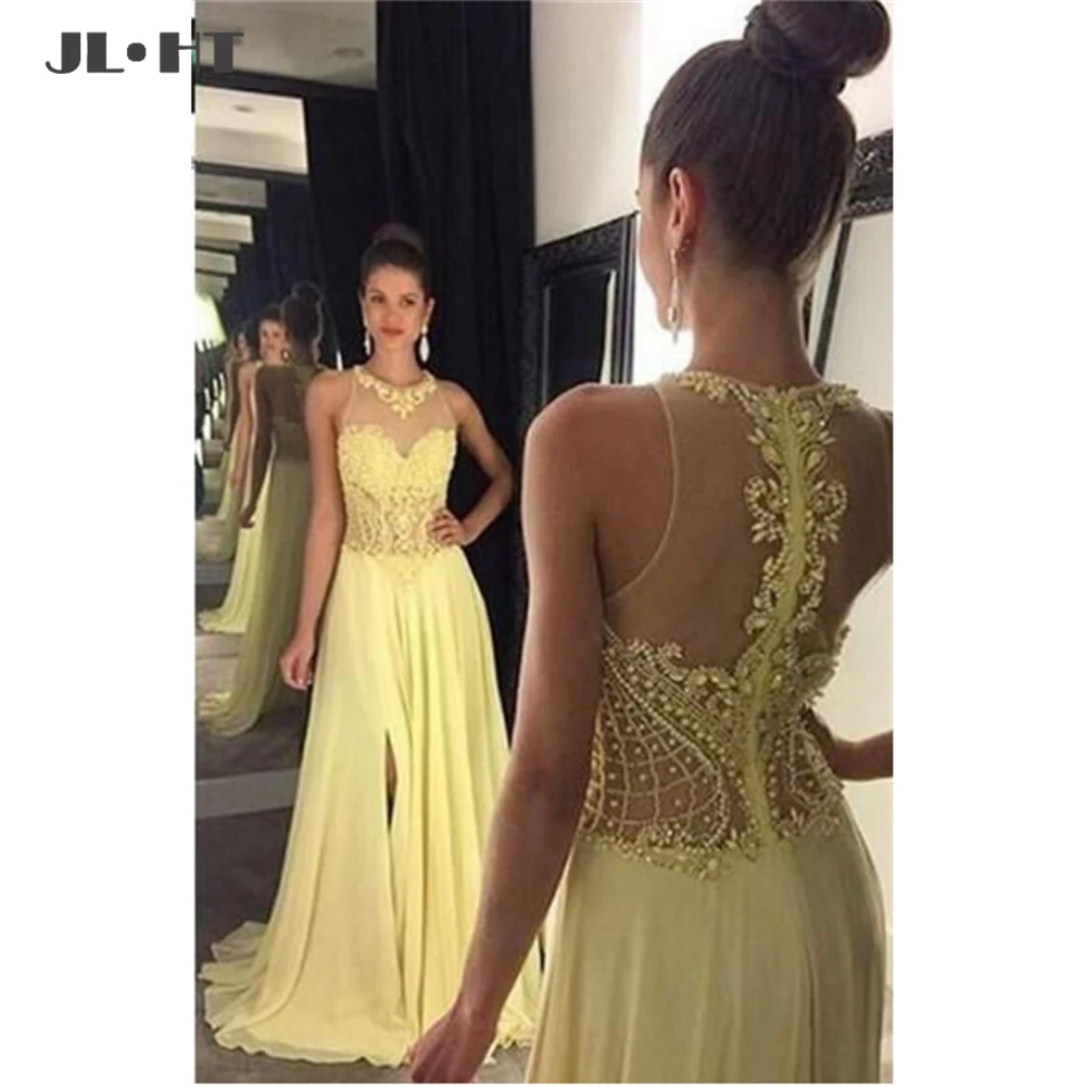 

Elegant Light Yellow Evening Dresses Long Beading Appliques Lace Sleeveless Side Split Prom Dress Maid of Honors Evening Dress