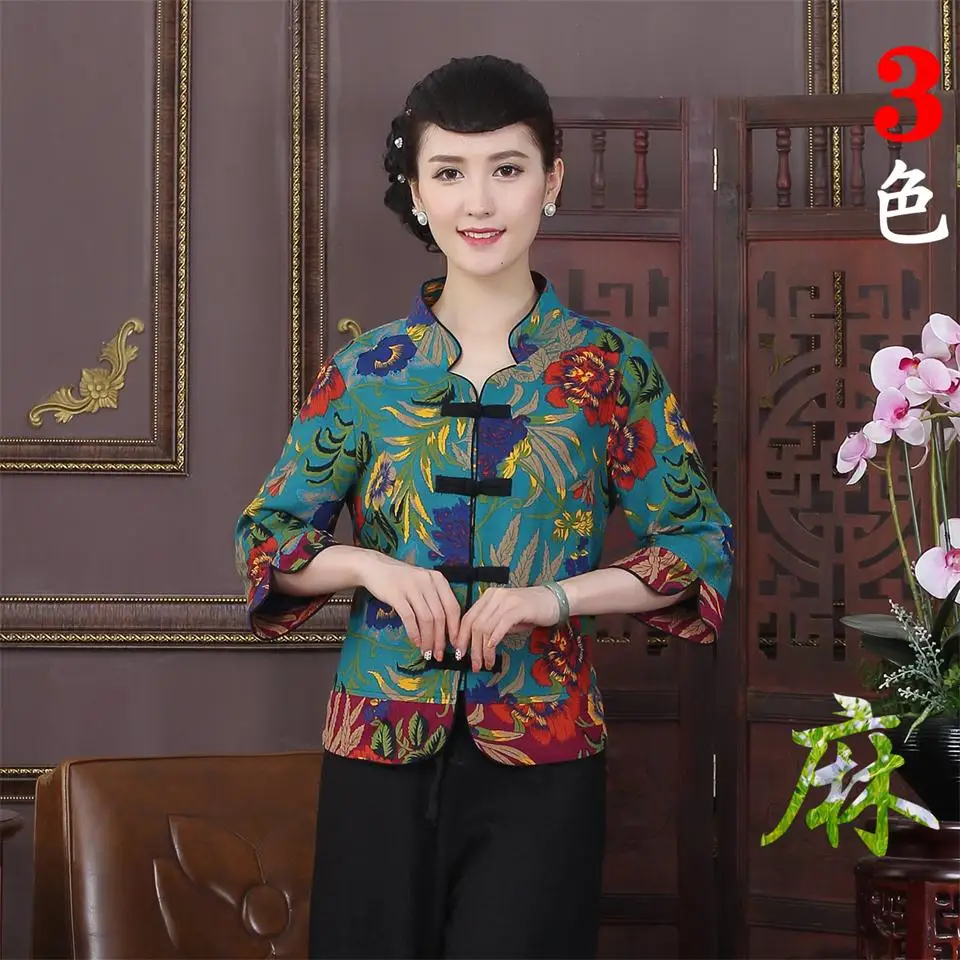 Promotion Green Chinese Lady Jacket Chinese Tradition Women's Cotton Linen Three Quarter Jackets Coats L XL XXL 3XL