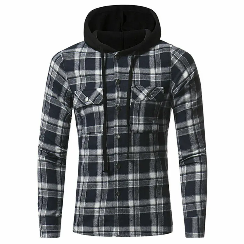 

Fashion Men's Make Casual Plaid Hooded Checked Flannel Shirt Slim Tops Blouses