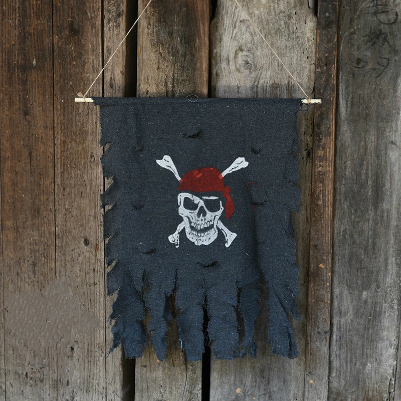Tattered Cotton Creepy Pirate Flag Decoration Party Accessory Pirate Skull and Crossbones With Wooden Rod Flag Halloween Decor