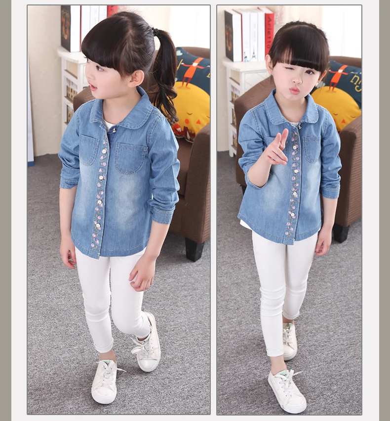 Weoneit Kids Girls Shirts Spring Autumn Children Embroidery Floral Denim Blue Shirt Long Sleeve Blouses Kids Girls Clothes