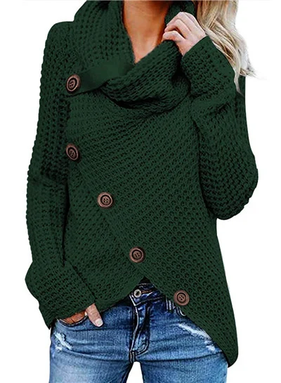 Новая мода кнопка Тип Асимметричный вязаный свитер с длинным рукавом сплошной цвет женский трикотаж - Цвет: Jasper