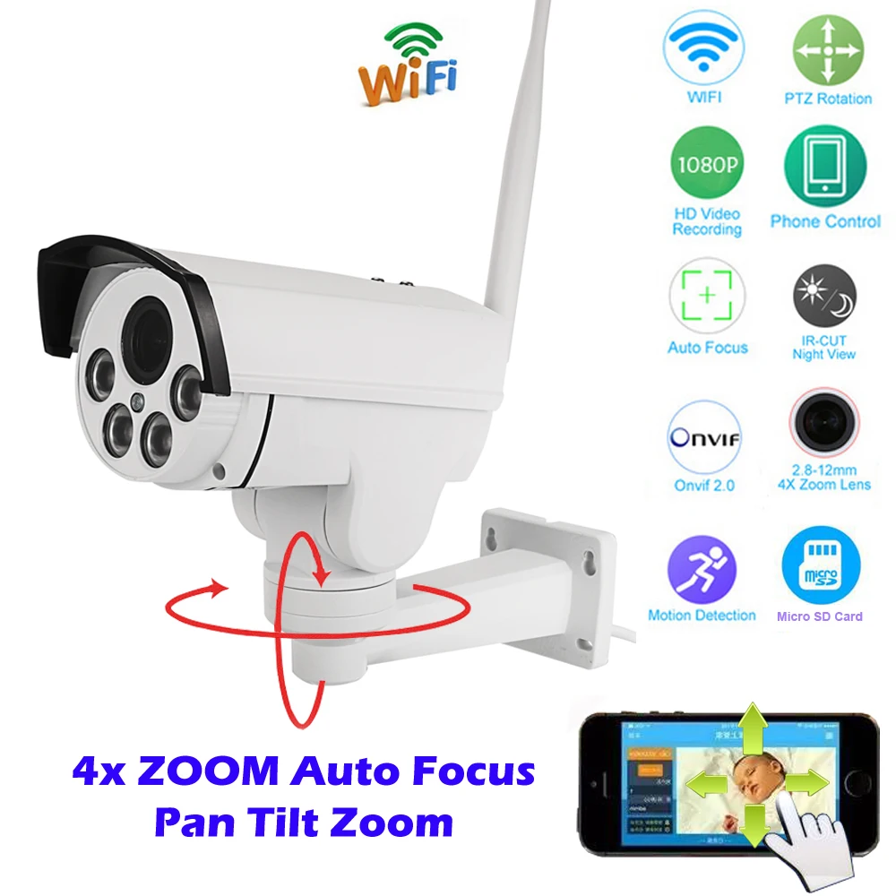  HI3516C+SONY IMX222 HD 1080P Mini Bullet Wifi PTZ IP Camera 4X Zoom Auto Focus 2.8-12mm 2MP Outdoor Wireless IR Onvif SD Card 