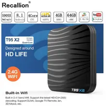 RECALLION T95X2 Smart TV BOX Android 8.1 4GB 32GB 64GB Amlogic S905X2 Quad Core H.265 4K Youtube Media Player Set top Box T95 X2 t95 android tv box quad core amlogic s905 2g ram 8g rom smart tv box full loaded airplay apk 4k ott tv player smart set top box