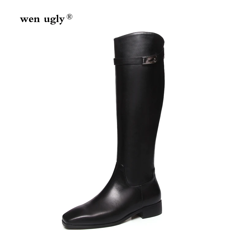

wen ugly Back zipper leather riding boots women's winter boots 2019 new boots square head fashion knight boots large size 35-41