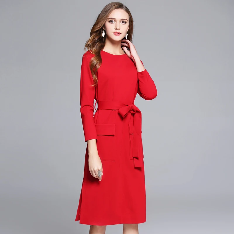 Red Autumn Dress Women 2018 Bow Long Sleeve Solid A-Line office Party Vestidos Robe Femme Casual Split Long Dress Elegant Dresses