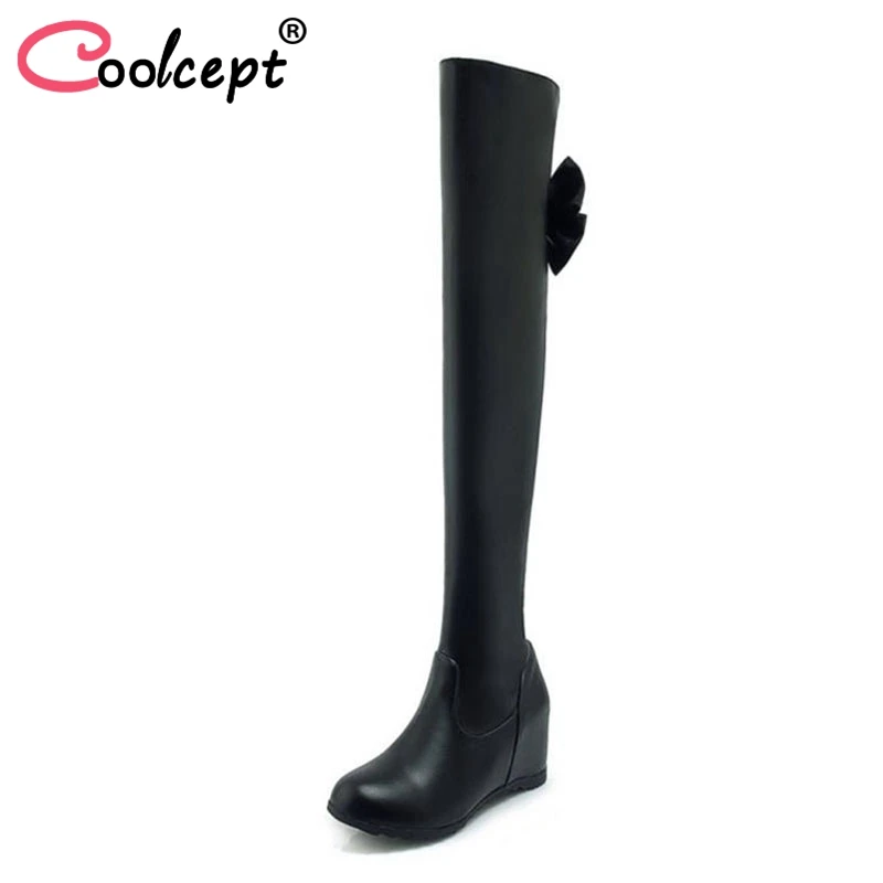 

Coolcept Women Over Knee Boots Bowtie Winter Woman Shoes Fur Warm Long Boots Inside Heels Shoes Ladies Footwear Size 33-43