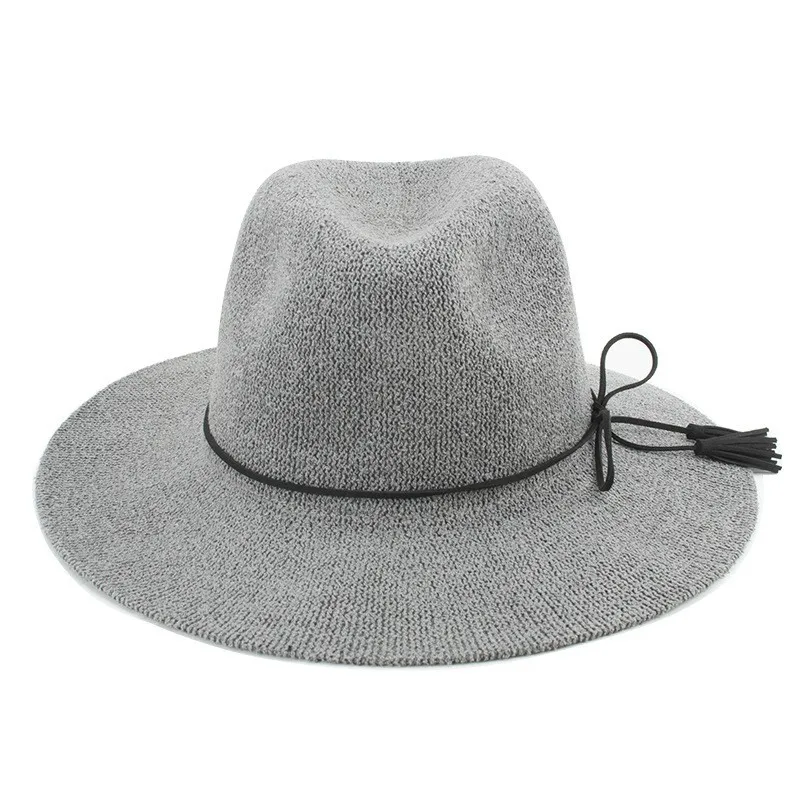 Новая женская шляпа, летняя серая верблюжья соломенная шляпа Федора с бантом, с поясом, Панама, шляпа, шляпа от солнца, 15