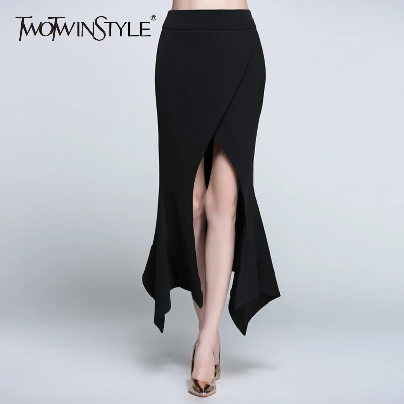 TWOTWINSTYLE, асимметричная Женская юбка с высокой талией, на молнии, облегающая, с разрезом, сексуальная, миди, длинные юбки,, Весенняя мода, женская одежда