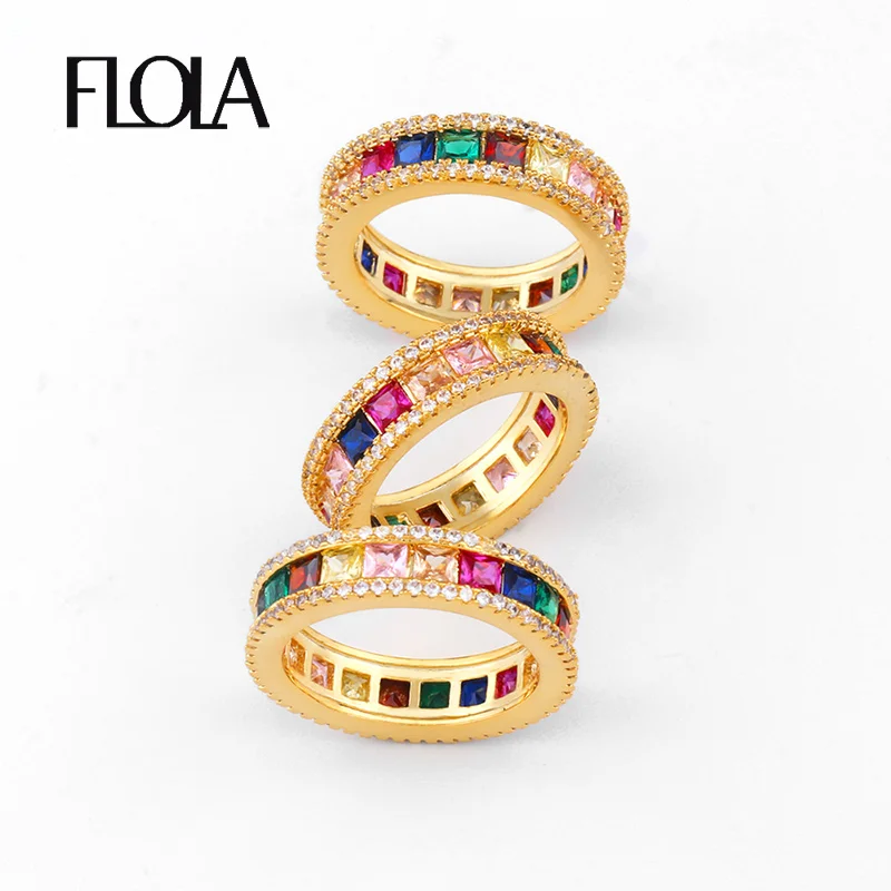 

FLOLA Thin Rainbow Ring Baguette Ladies Rainbow Stack Ring Zirconia Ring Silver 925 Jewelry anillo arcoiris Wedding Bands rih79