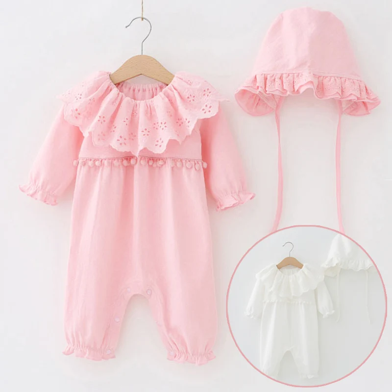 New Fall Baby Girl Cotton Knitwear Romper Overall with Cap Lace Collar