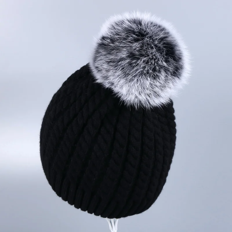 Женские Модные Плетеные толстые зимние шапки большого размера с лисьими помпонами, помпонами из норки, Толстая теплая вязаная шапка, зимняя шапка - Цвет: Fox Pom black hat