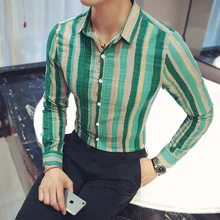Новинка, Camisa Masculina, мода, приталенные повседневные мужские рубашки с длинным рукавом, полосатые мужские рубашки, распродажа, Camisas para hombre