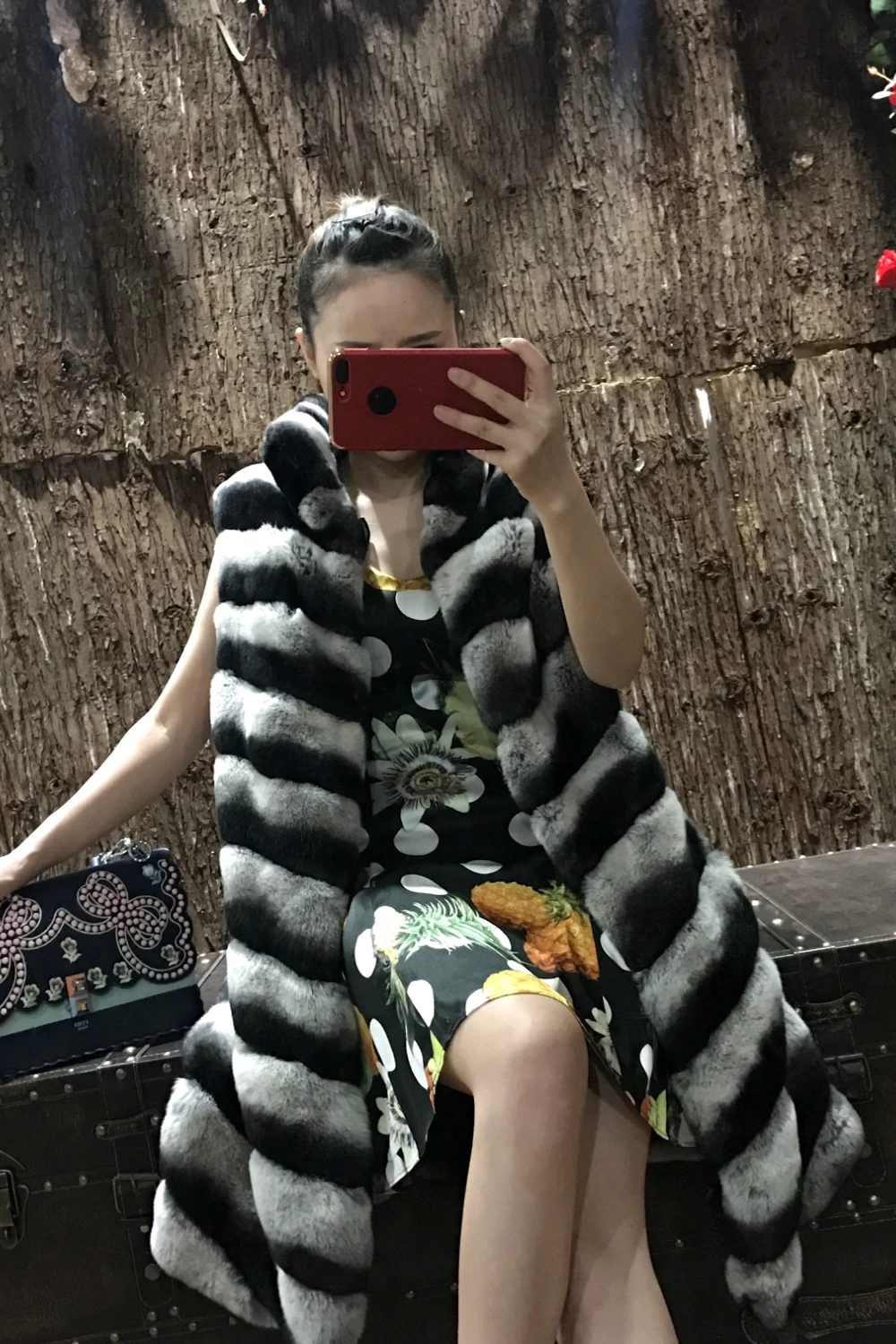90cm Long Russian Rex Rabbit Fur Vest/Imitation Chinchilla Coat/Grey Diagonal Striped Gilet Coat Outwear Sleeveles/Plus Size | Женская
