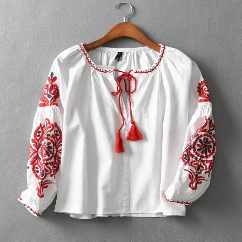 

4xl New Ethnic Boho Print Geometric Embroidery Shirt 2016 autumn Strappy ball tassel CardiganTops blusas chemise femme blusa