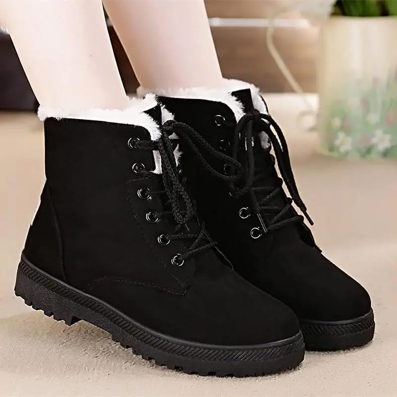 Г. Женские зимние ботинки Классическая обувь на каблуках, замшевые ботильоны с теплым мехом и плюшевой стелькой женская обувь популярная женская обувь на шнуровке - Цвет: Black
