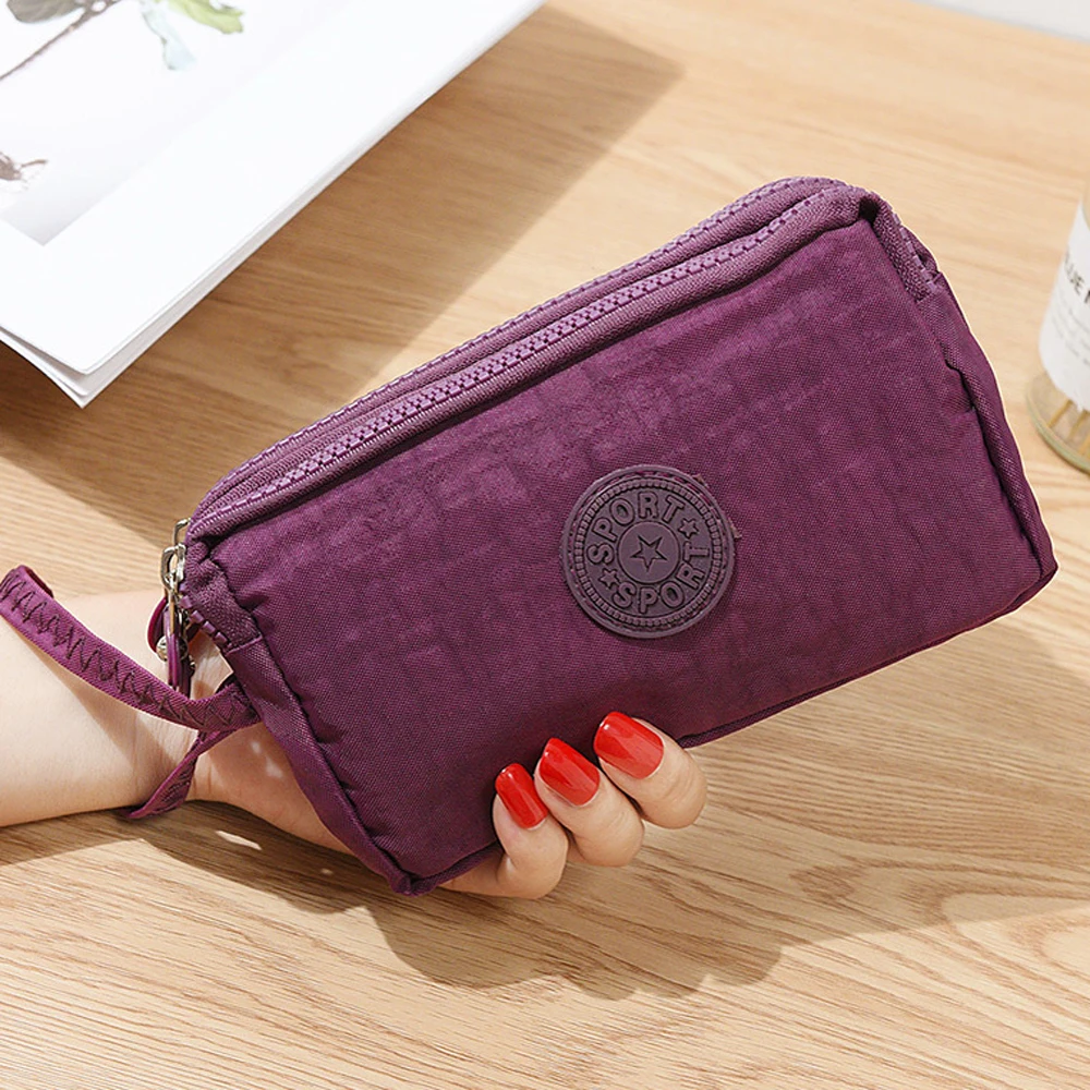 Portable Bags Womens Canvas Strap Stitching Squared Phone Bag Short Wallet Three-Layer Zipper Coin Card Key Purse Multi-color